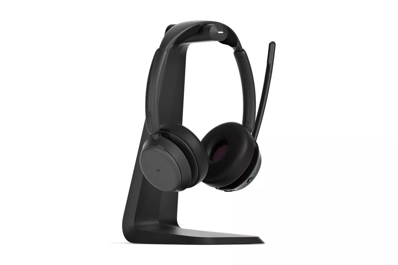 Auriculares EPOS Impact 1000 inal&aacute;mbricos Bluetooth con cancelaci&oacute;n activa de ruido, micr&oacute;fono y base de carga, negros