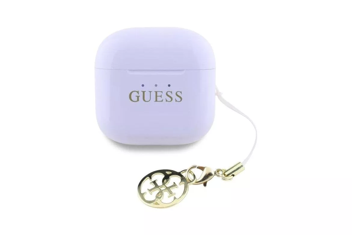 Auriculares Guess inal&aacute;mbricos Bluetooth con logo brillante, charm y dise&ntilde;o compacto lila