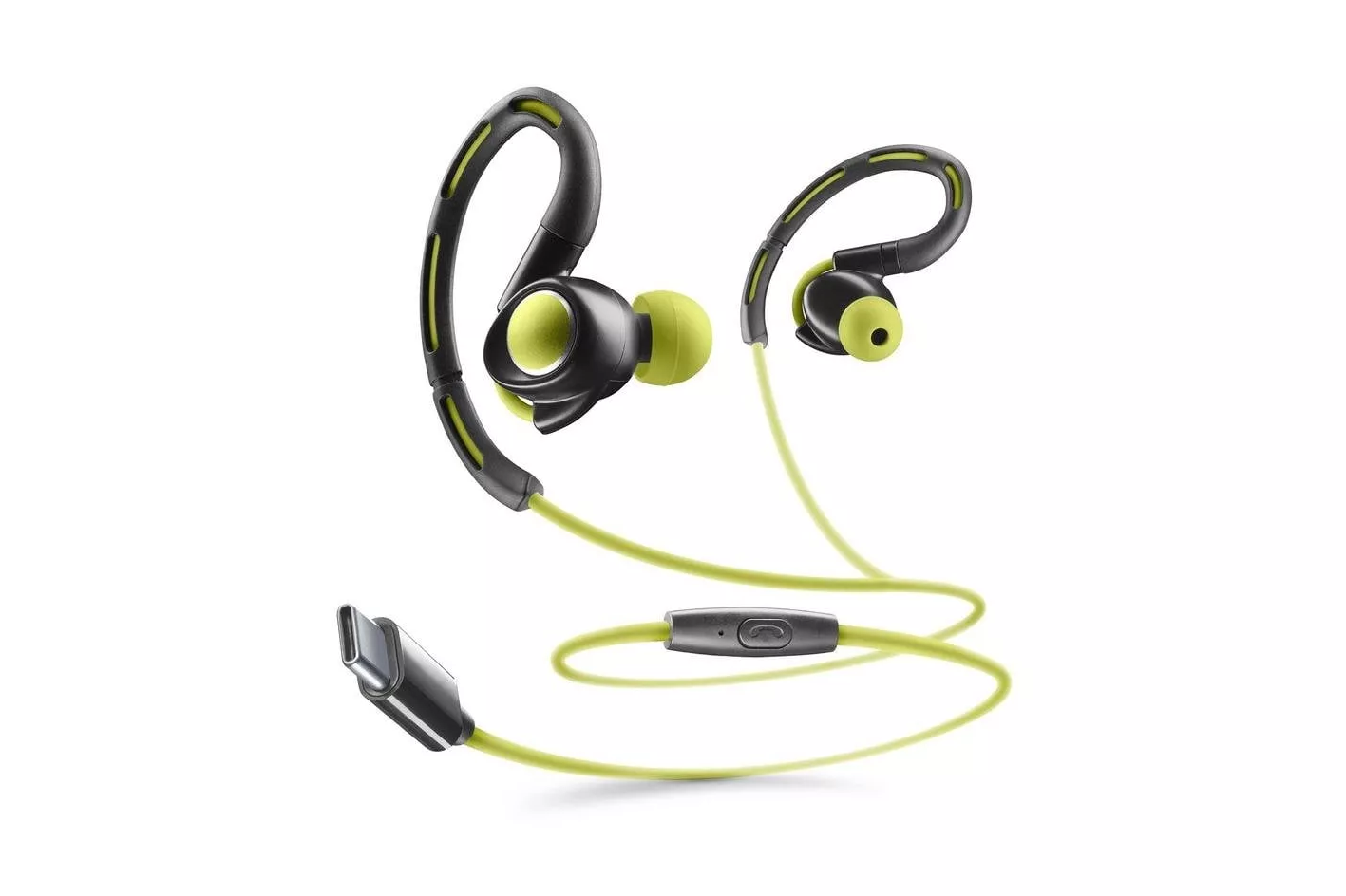 Auriculares Cellularline SPORT con cable USB-C para deporte, micr&oacute;fono y resistentes al agua, color lima