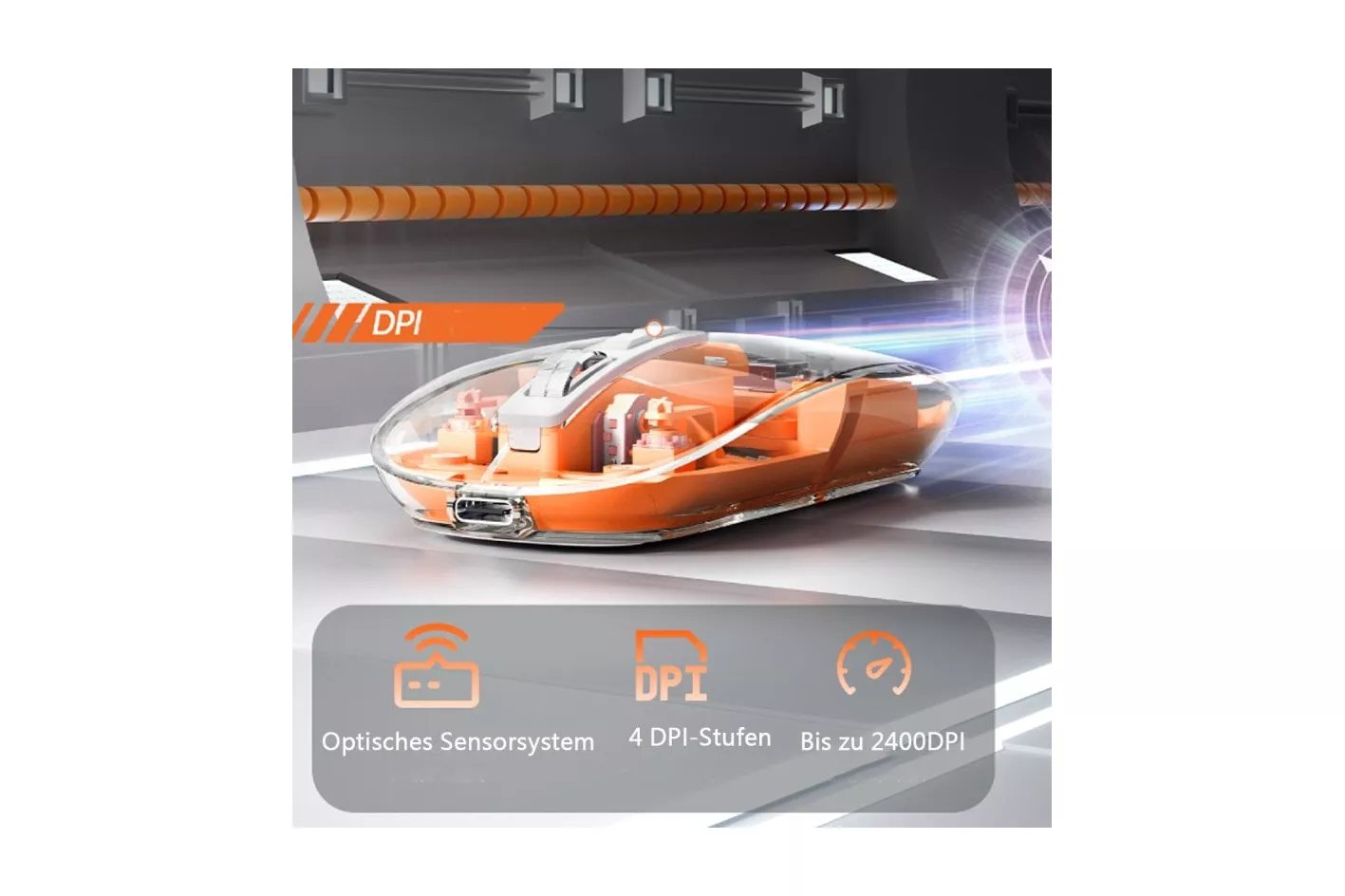 Kinsi M133 Rat&oacute;n &Oacute;ptico Inal&aacute;mbrico 2400DPI Transparente Naranja
