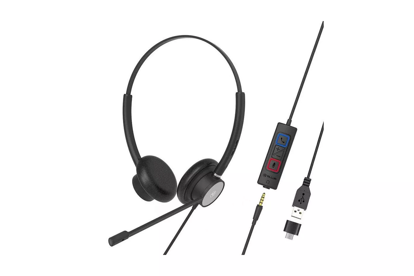 Auriculares Tellur Voice 420 con cable USB-C y jack 3,5 mm para llamadas y audio negro