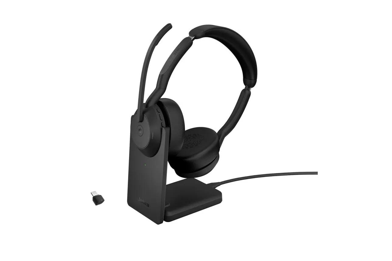 Jabra Evolve2 55 MS Auriculares Bluetooth con Base de carga para Oficina/Centro de llamadas Negros