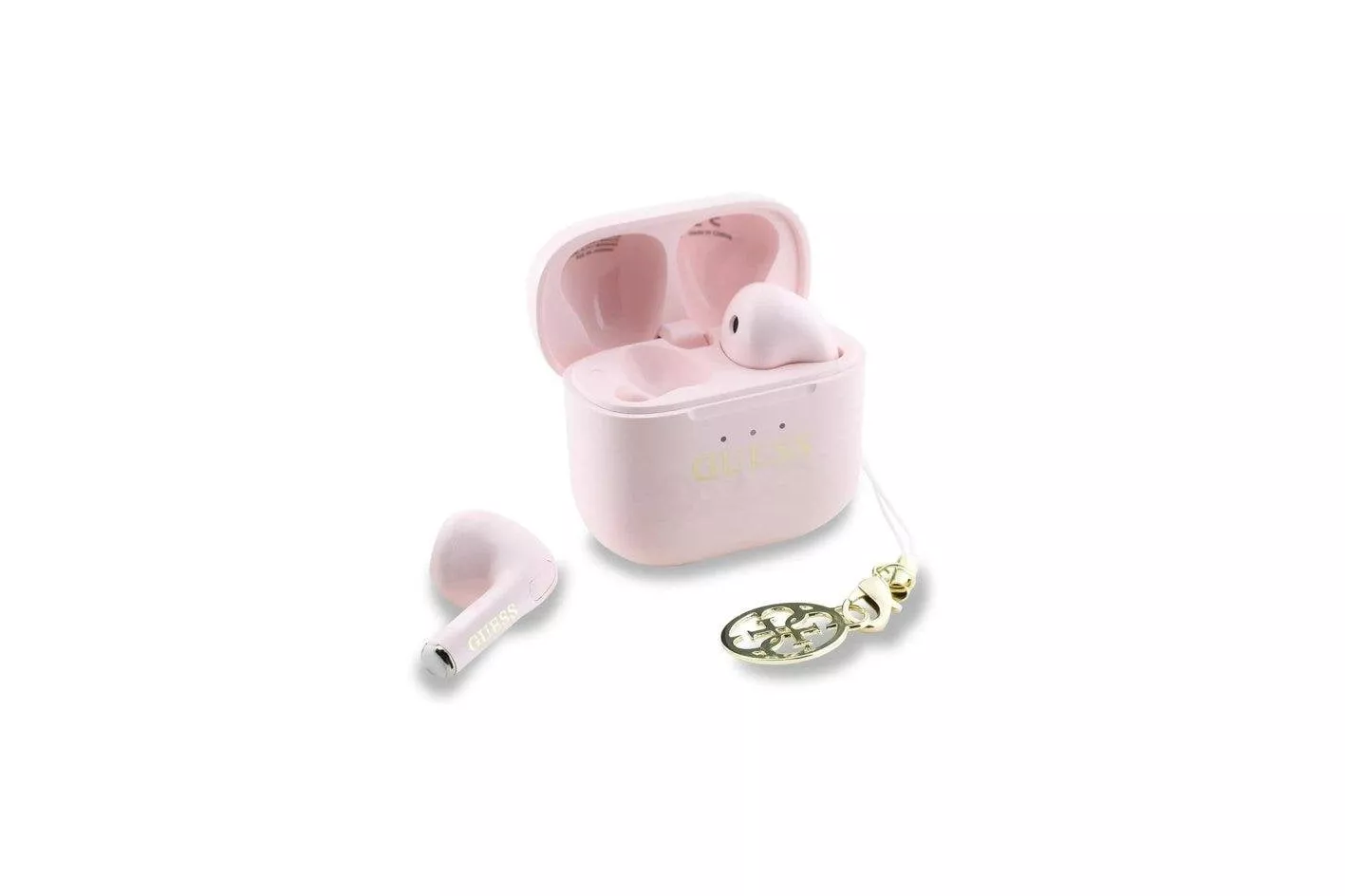 Auriculares Guess inal&aacute;mbricos Bluetooth con acabado brillante, charm y estuche rosa