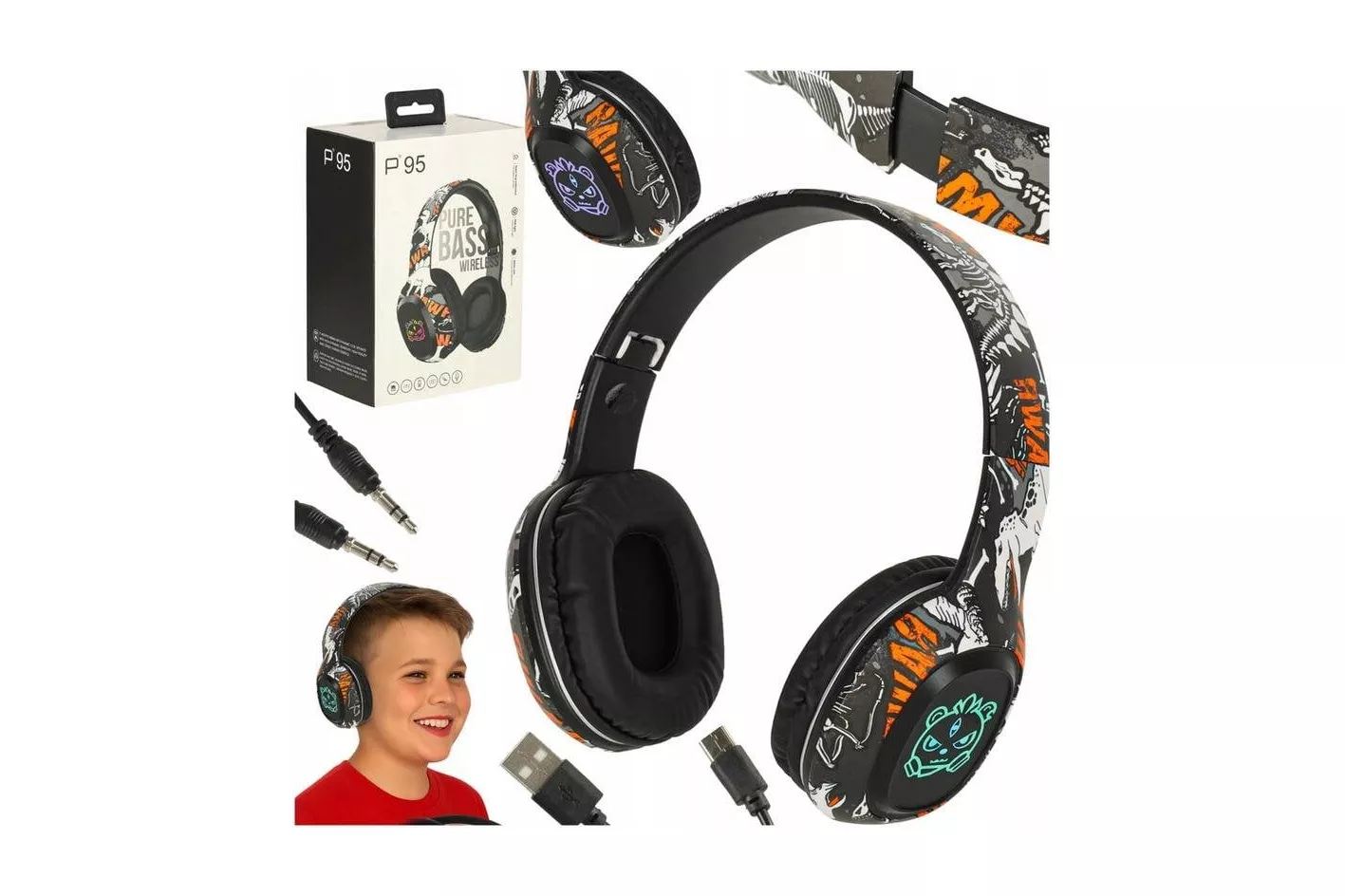 Auriculares bez marki inal&aacute;mbricos Bluetooth con micr&oacute;fono, RGB y bater&iacute;a 200 mAh negro