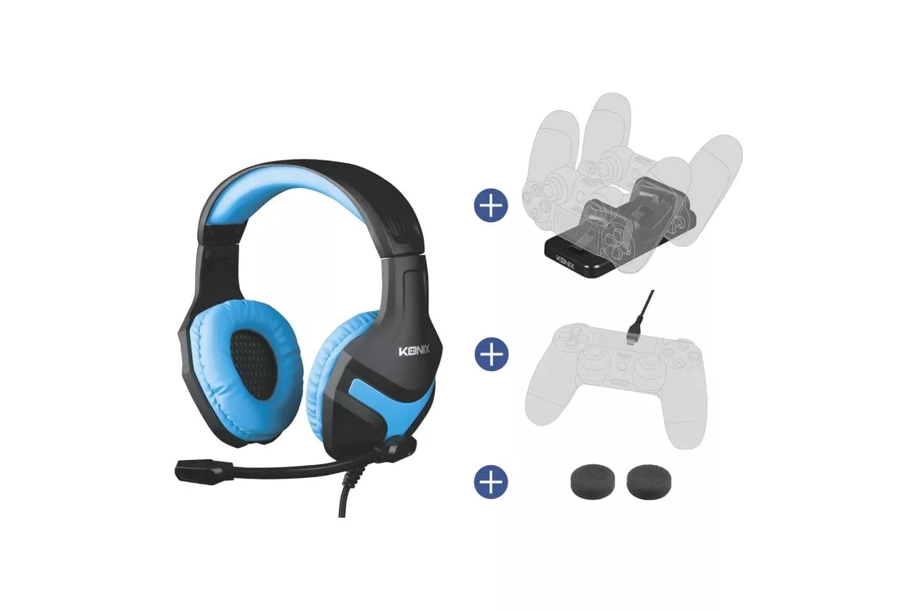 Konix Mythics Pack de Accesorios Gaming con Auriculares Gaming PS-400 para PS4 Azul