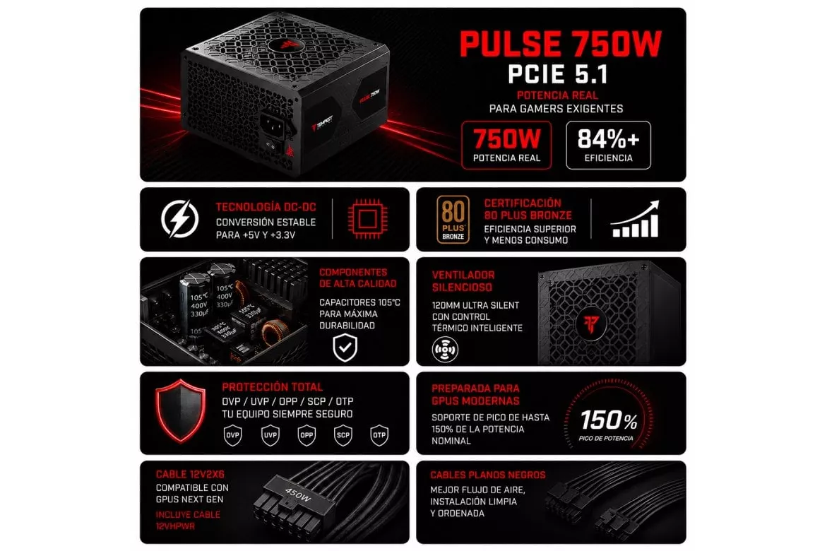 Tempest Pulse PSU 750W Cybenetics Bronze ATX 3.1 PCIe 5.1 12V-2x6 Fuente de Alimentaci&oacute;n Negra
