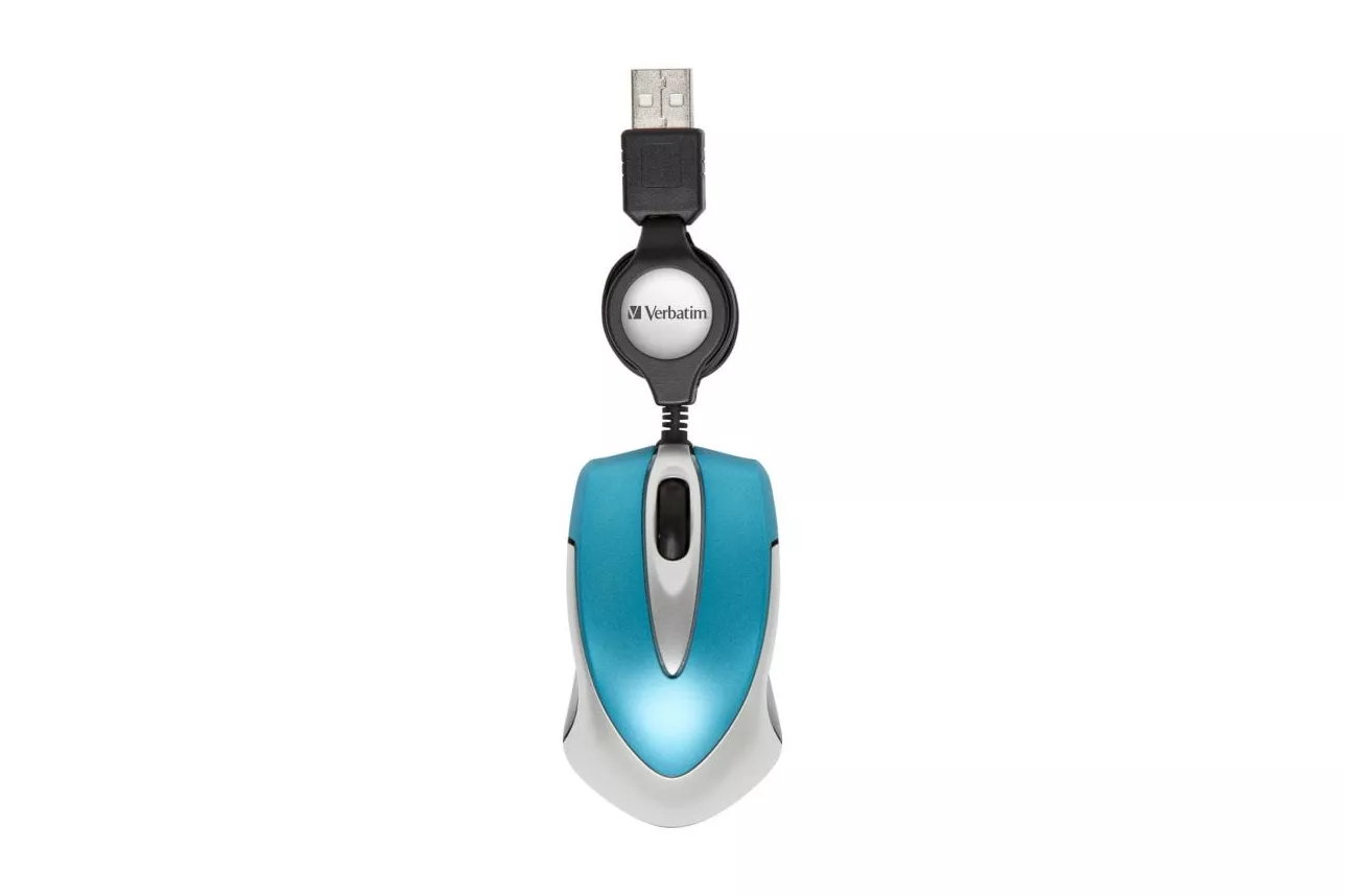 Rat&oacute;n Verbatim Go Mini USB 1000 DPI azul y plata con cable retr&aacute;ctil