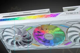 ASRock Radeon RX 9070 XT Taichi White muestra diseño blanco con pantalla LCD integrada y 16 GB GDDR6 de alto rendimiento