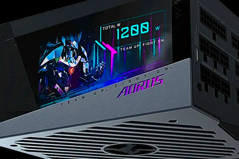 Nueva fuente de alimentación AORUS P1200W con pantalla LCD que muestra información del sistema