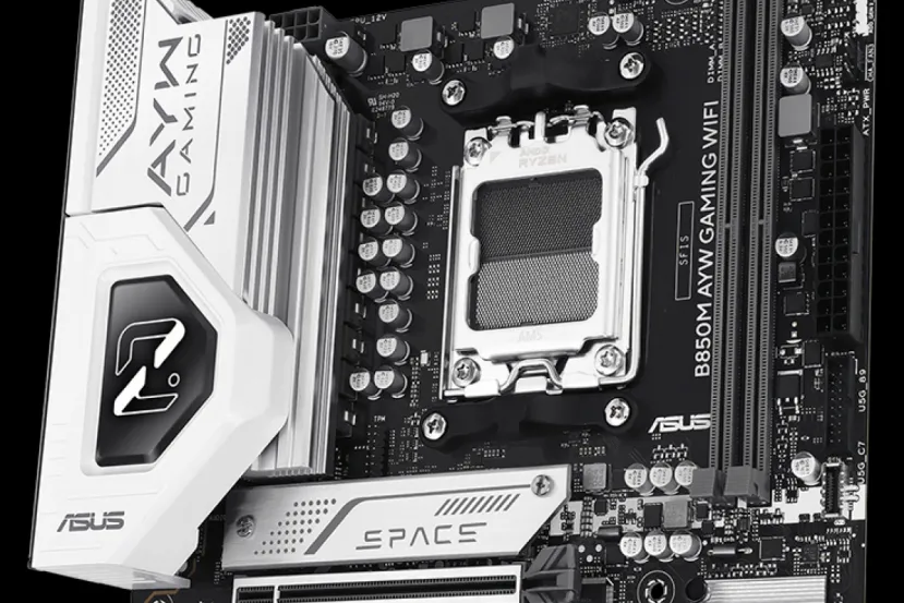 Nueva placa ASUS B850M AYW GAMING WiFi para AMD socket AM5 con formato MicroATX en un elegante diseño negro y blanco