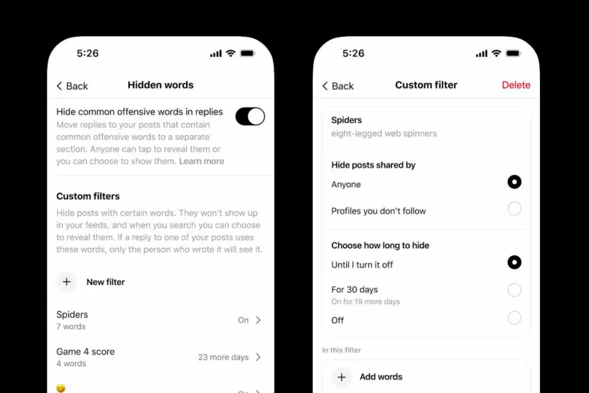 Threads introduce sus propios filtros de palabras, alejándose cada vez más de Instagram
