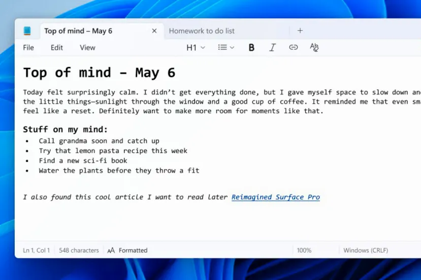 El Bloc de notas de Windows ahora permite trabajar con texto con formato gracias al soporte para Markdown