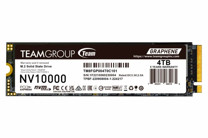 El nuevo SSD Teamgroup NV10000 ofrece velocidades de lectura de hasta 10.000 MB/s y capacidades de hasta 4 TB