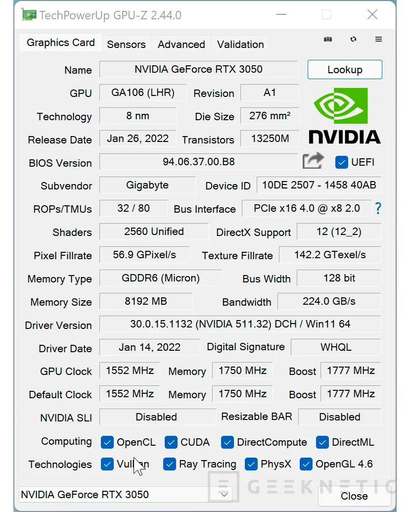 Geeknetic Gigabyte NVIDIA GeForce RTX 3050 Eagle 8G Review 7