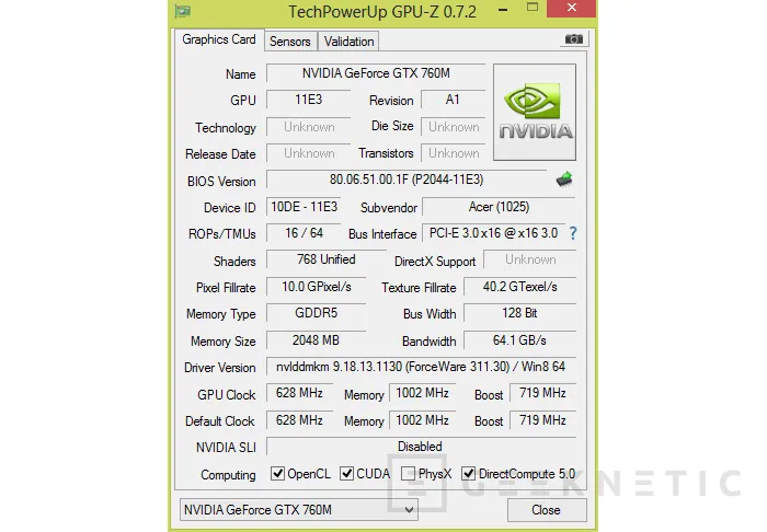 Geeknetic Acer Aspire V3-722G. Geforce GTX 760M 8