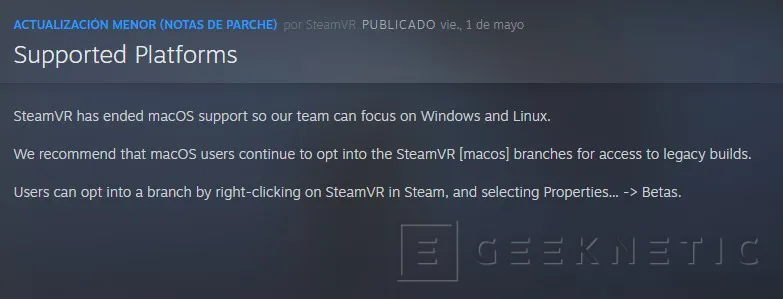 Geeknetic SteamVR ya no soporta MacOS 1