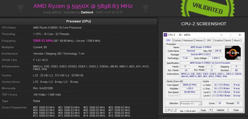 Geeknetic El procesador AMD Ryzen 9 5950X alcanza los 5.9 GHz en sus 16 núcleos con overclock y queda validado en CPU-Z 1