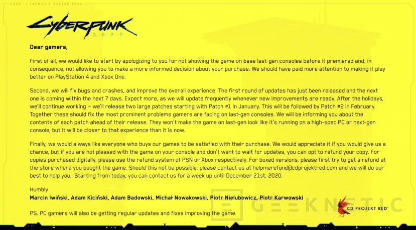 Geeknetic CD Projekt Red devolverá el dinero a los compradores de Cyberpunk 2077 en PS4 y Xbox One con problemas de rendimiento 1