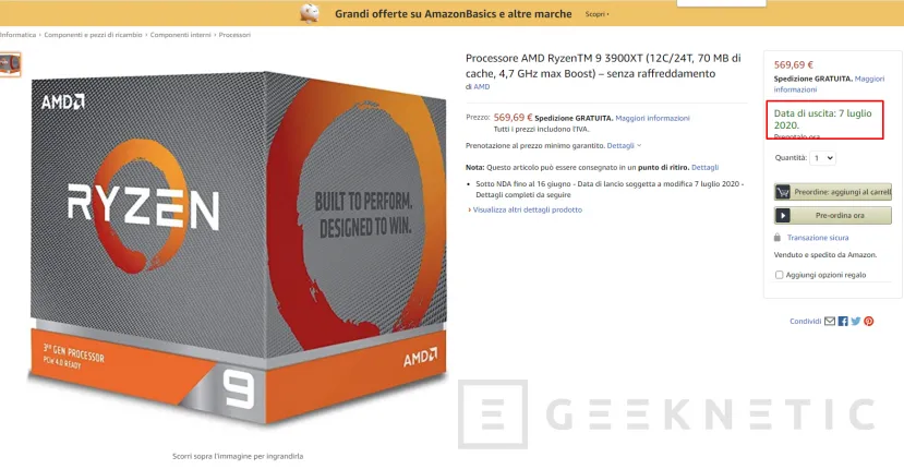 Geeknetic Los AMD Ryzen 3900XT y 3600XT aparecen en Amazon Italia por 284,84€ y 569,69€ con lanzamiento para  el 7 de julio 1