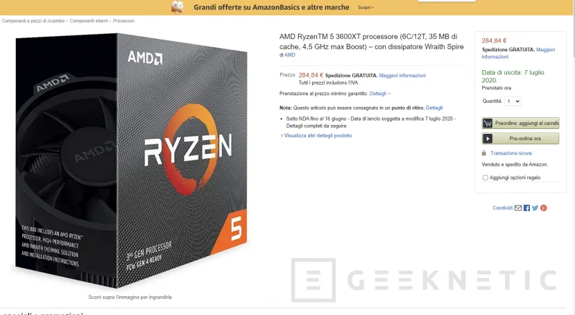 Geeknetic Los AMD Ryzen 3900XT y 3600XT aparecen en Amazon Italia por 284,84€ y 569,69€ con lanzamiento para  el 7 de julio 2