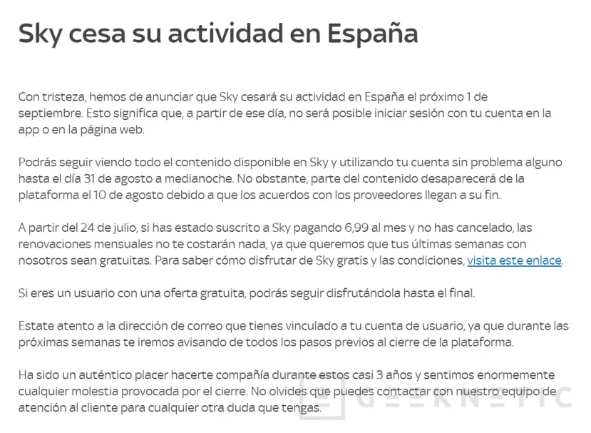 Geeknetic El servicio de Streaming Sky echa el cierre en España 2