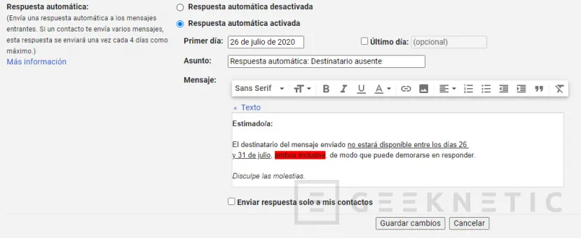 Geeknetic Pon Respuesta Automática en Gmail al irte de Vacaciones 11