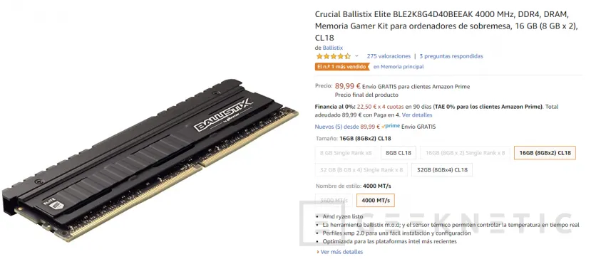 Geeknetic 16 GB de memoria DDR4-4000 CL18 Crucial Ballistix Elite  por  tan solo 89,99 euros 3