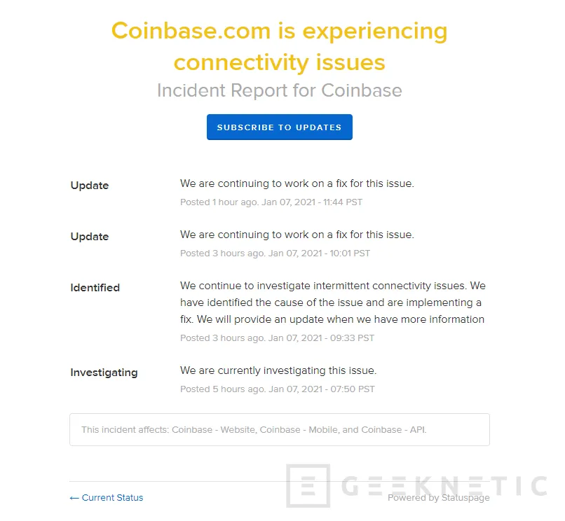 Geeknetic No eres tú, Coinbase ha dejado de funcionar con el valor del Bitcoin en máximo histórico 1