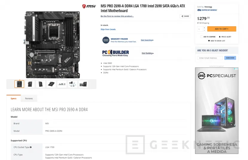 Geeknetic Lista para comprar la nueva MSI PRO Z690-A con memoria DDR4 en una tienda de Canadá por 195 euros 1