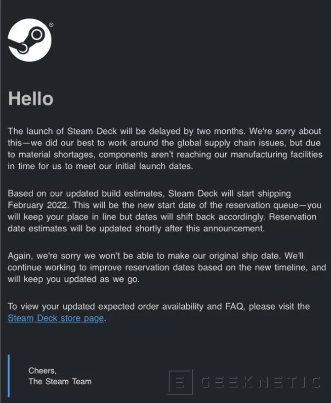 Geeknetic El lanzamiento de la Steam Deck se retrasa dos meses 1