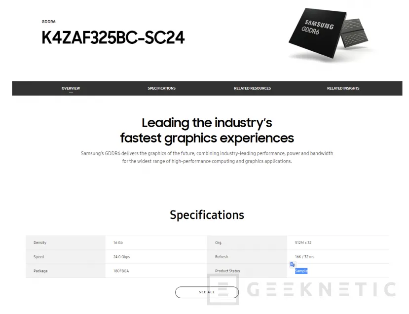 Geeknetic Samsung ya dispone de chips GDDR6 de 24 Gbps, un 50% más rápidos que la anterior generación 1