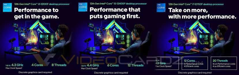 Geeknetic Filtrado material de marketing de los Intel Core i3 12100F, Core i5 12400F y Core i7 12700F confirmando sus núcleos y velocidad máxima 1