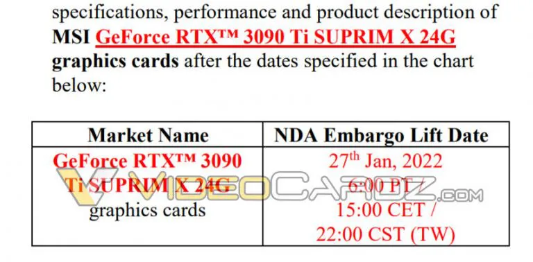 Geeknetic Filtrado el documento de embargo de la MSI RTX 3090 Ti SUPRIM X 24 G, disponible el 27 de enero y 24 GB de VRAM 1