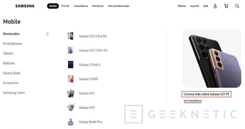 Geeknetic La web mexicana de Samsung habría mostrado momentáneamente un anuncio sobre el Galaxy S21 FE 1
