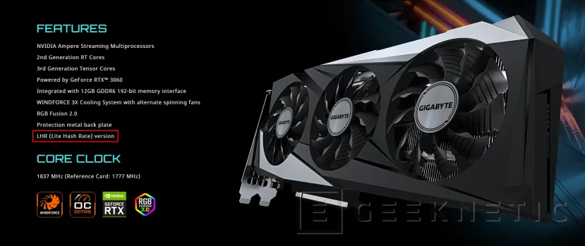 Geeknetic Gigabyte añade las GPU LHR a las RTX 3060 en la rev. 2.0 sin diferenciarlos de la anterior revisión 2