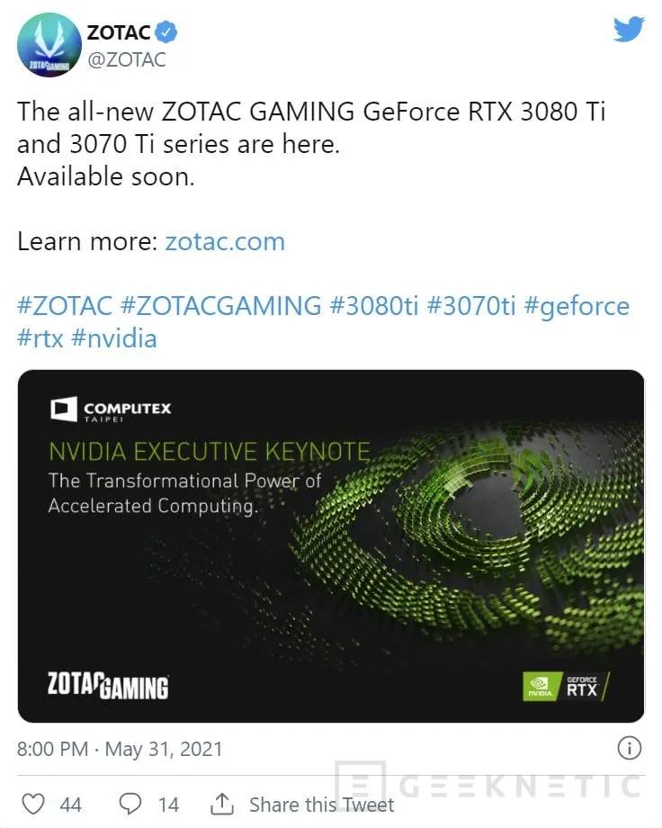 Geeknetic ZOTAC confirma accidentalmente el anuncio de las RTX 3080 Ti y 3070 Ti en Twitter 1