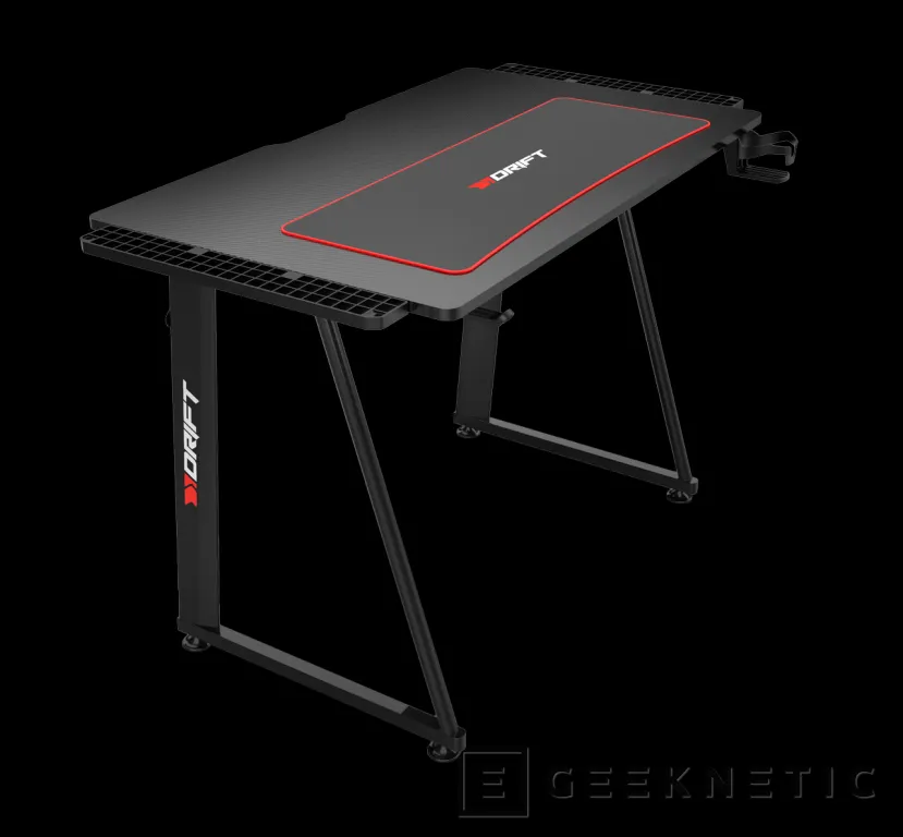 Geeknetic Drift presenta la mesa para gaming DZ75 con tablero laminado en fibra de carbono y soporte para auriculares y bebidas 3