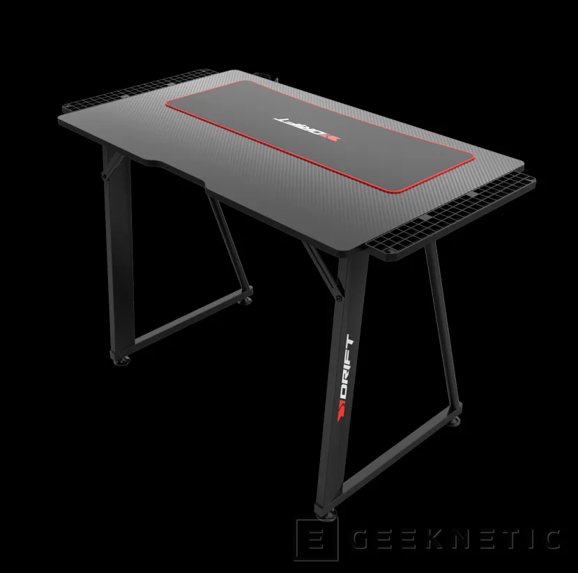 Geeknetic Drift presenta la mesa para gaming DZ75 con tablero laminado en fibra de carbono y soporte para auriculares y bebidas 1