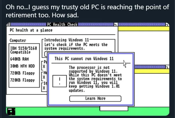 Geeknetic Usuarios en Twitter imaginan como se vería la herramienta de compatibilidad de Windows 11 en sistemas antiguos 1