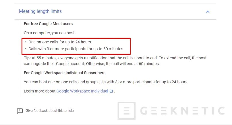 Geeknetic Google Meet vuelve a restringir las videollamadas gratuitas de más de dos personas a 60 minutos 2