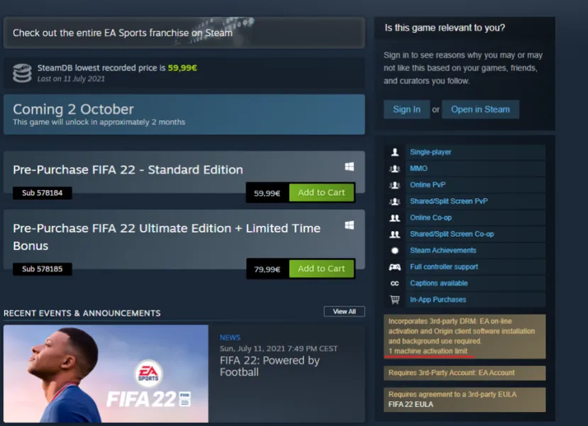 Geeknetic FIFA 2022 está limitado a una activación en Steam 1