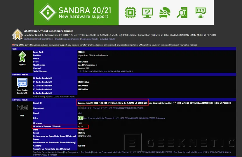Geeknetic El Intel Core i7-12700K se deja ver en SiSoftware Sandra con 12 núcleos y 20 hilos 1