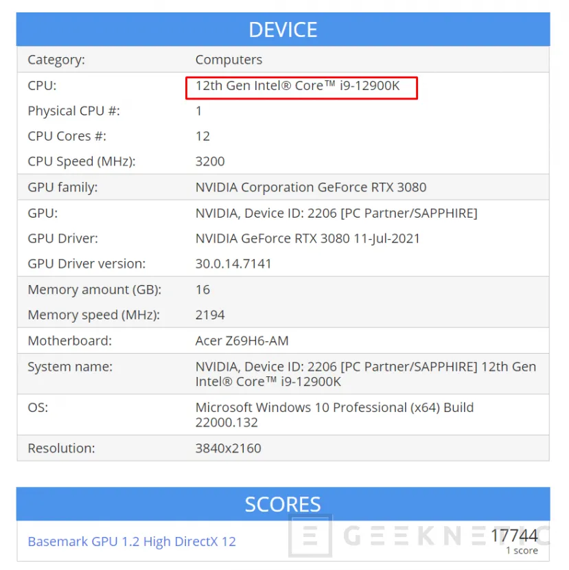 Geeknetic El Intel Core i9-12900K se deja ver en la base de datos de Basemark  junto a una RTX 3080 1