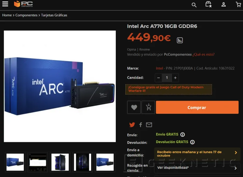 Geeknetic Las Intel Arc A770 ya se venden oficialmente en España por 450 euros 3
