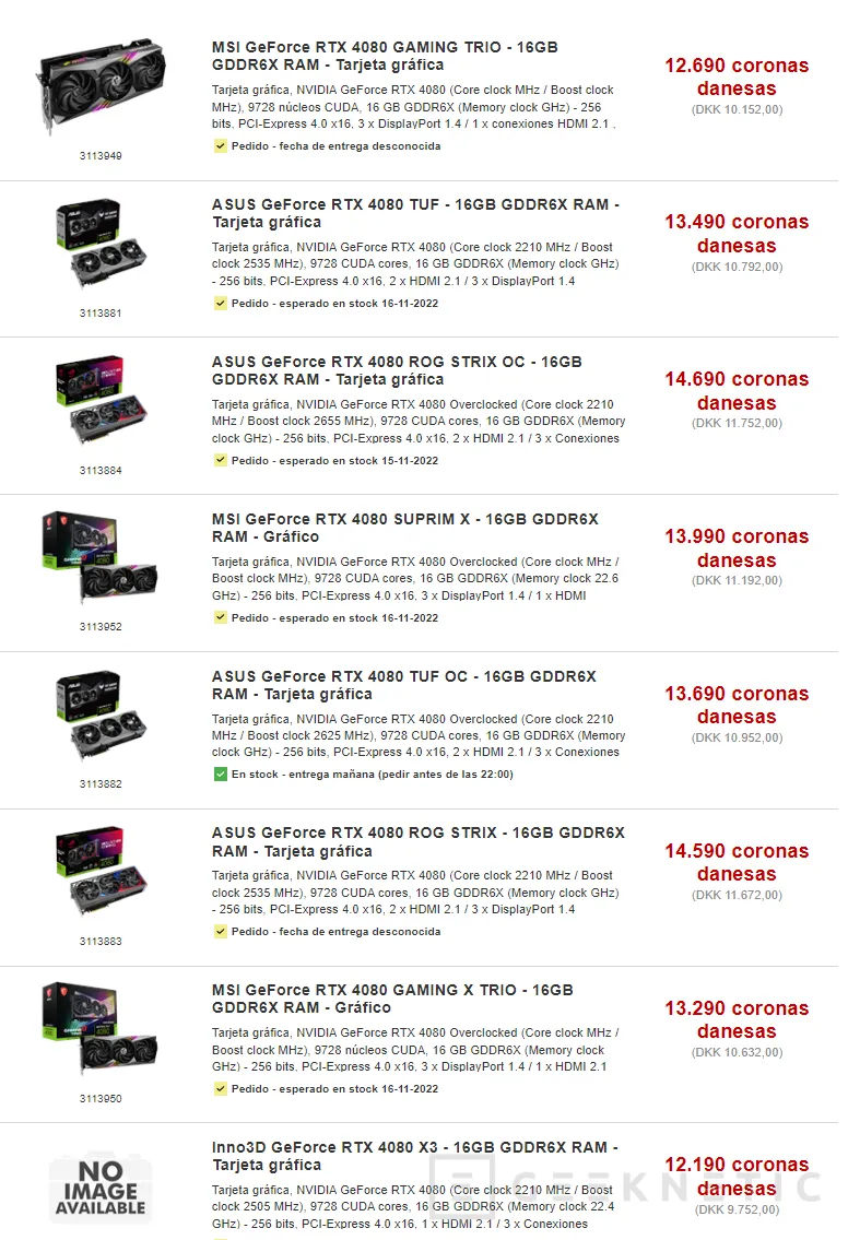 Geeknetic Listadas varias NVIDIA RTX 4080 personalizadas en una tienda danesa desde los 1.637 euros 1