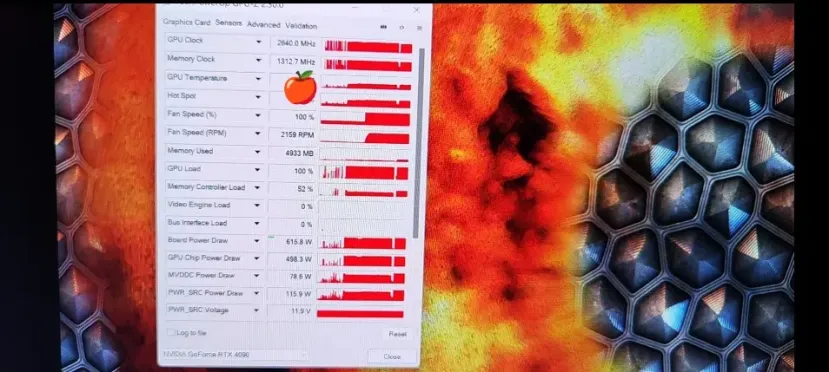 Geeknetic La NVIDIA RTX 4090 alcanza los 3 GHz y un consumo de 615,8 W ejecutando la prueba MSI Kombustor 2