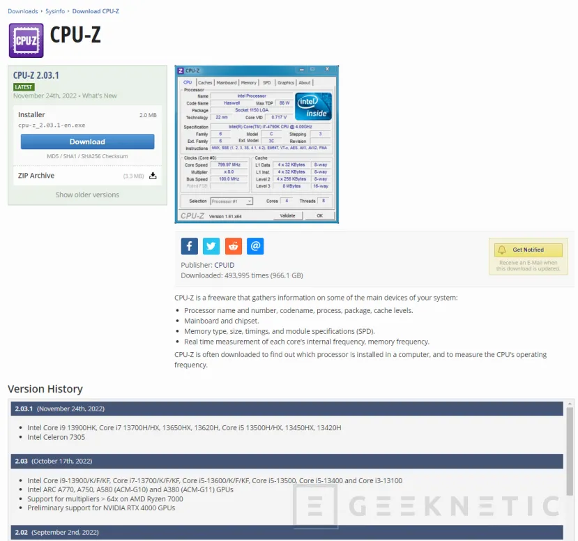 Geeknetic CPU-Z añade compatibilidad con los Intel Raptor Lake-H para portátiles en la última actualización 1