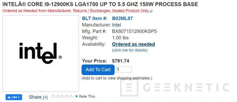 Geeknetic Aparece un Intel Core i9-12900KS a la venta por un precio de 791 dólares 1