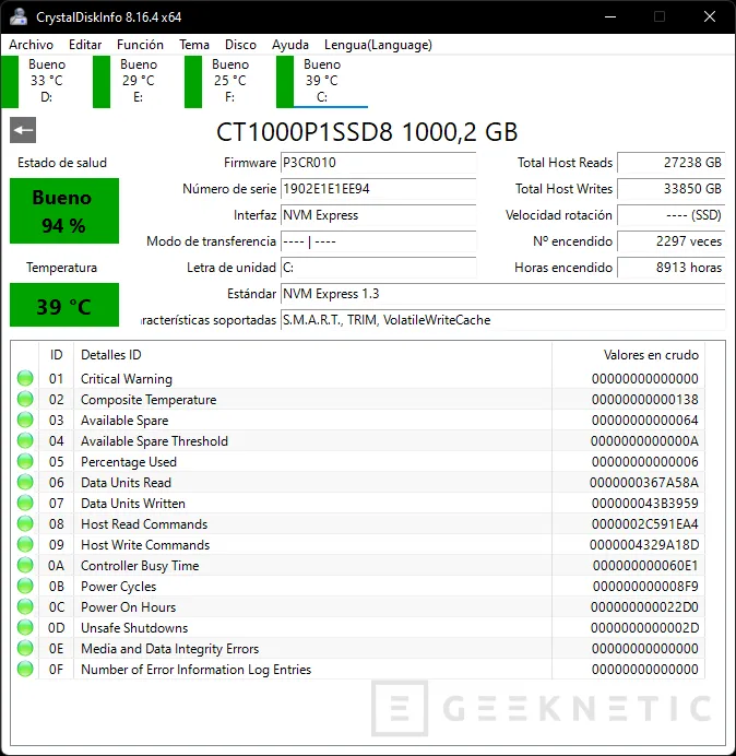 Geeknetic CrystalDiskInfo: Cómo conocer el Estado y salud del Disco Duro o SSD 16