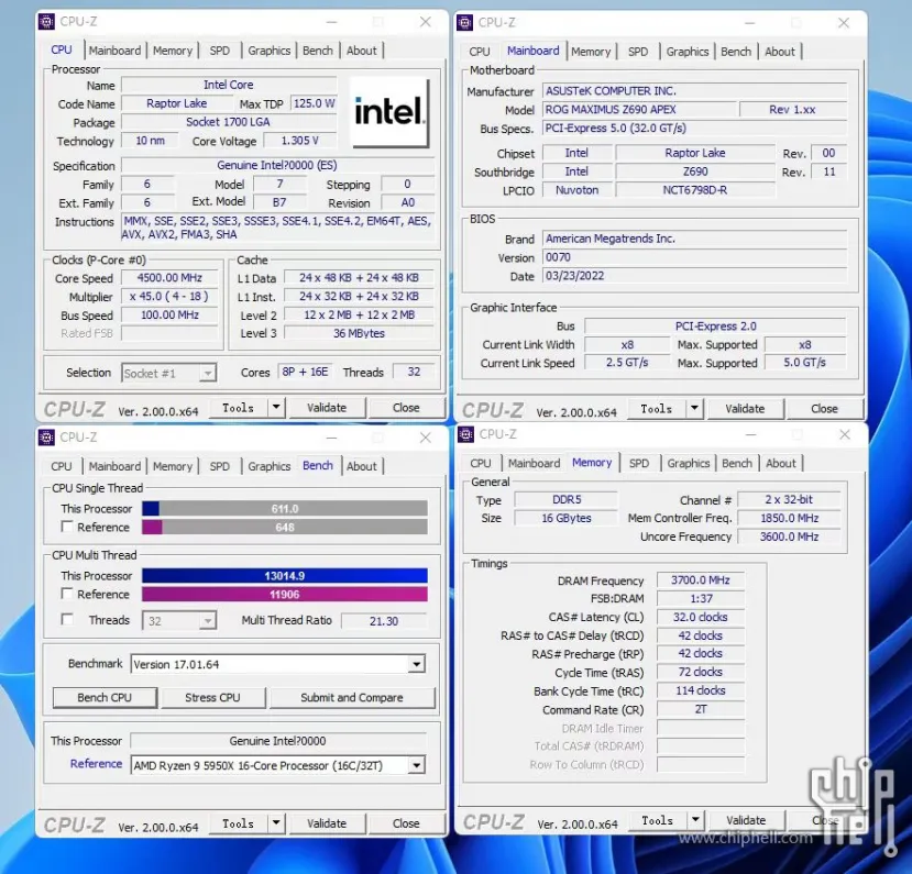 Geeknetic Aparecen capturas de CPU-Z del Intel Raptor Lake 13900K con 125W de TDP 2